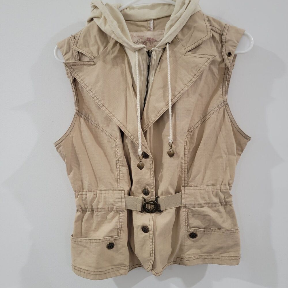 Vintage‎ Y2K Plugg Womens Jacket Size Large Vest Khaki Hooded Buckle Hip Hop